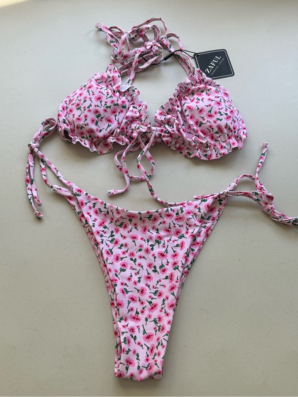 Zaful Bikini Set Small Pink Floral Triangle Top New Swimwear